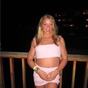 Pink Ribbed Crop Top and Skirt Set